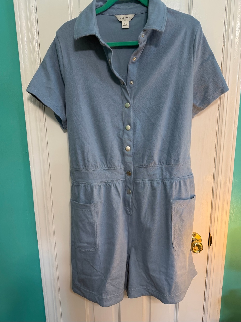 Short-Sleeve Light Blue Romper with Snap Front, NEW, $28